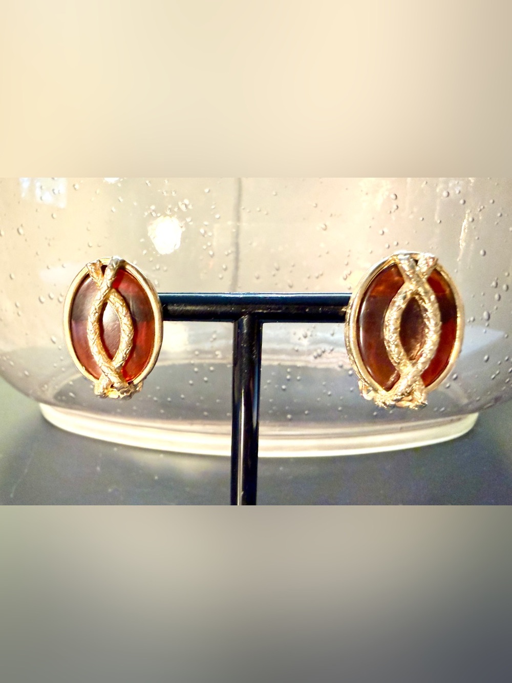 Vintage Sarah Coventry Root Beer Lucite Gold Tone Rope Oval Clip On Earrings